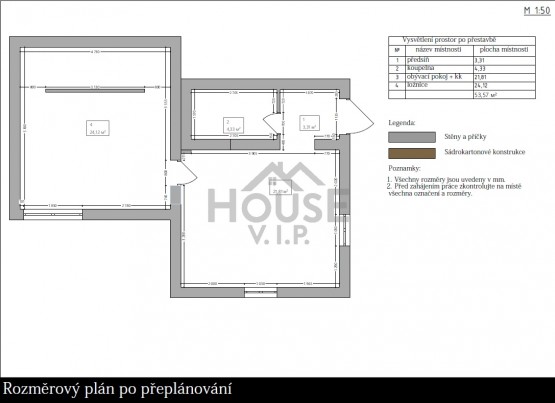 Rozměrový plán po přeplánování 53 m2